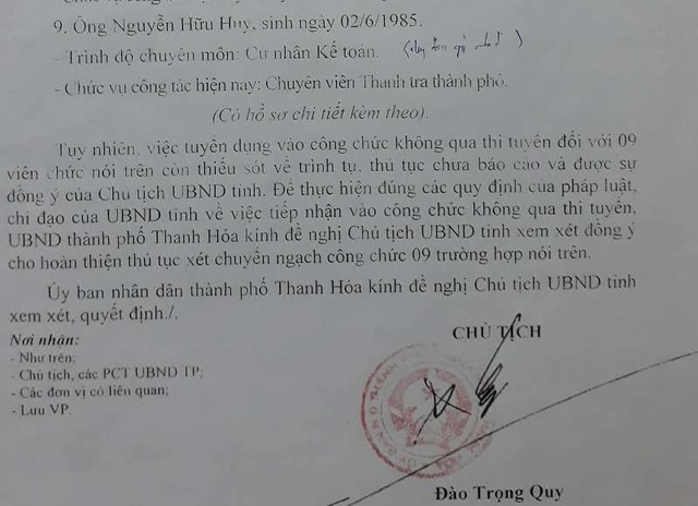 Thành phố Thanh Hóa “xé rào” xét hàng loạt công chức không qua thi tuyển - 2 Trong văn bản gửi UBND tỉnh Thanh Hóa, ông Quy cũng thừa nhận: Việc tuyển dụng vào công chức không qua thi tuyển đối với 9 viên chức trên còn thiếu sót về trình tự, thủ tục chưa báo cáo và được sự đồng ý của chủ tịch UBND tỉnh.
