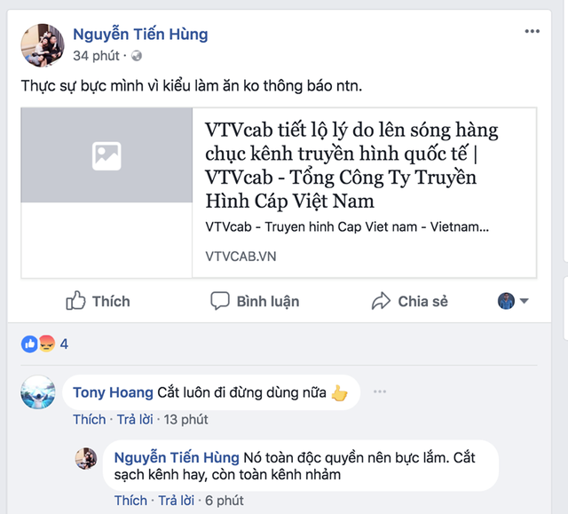 Nhiều khách hàng sử dụng VTVcab ngớ người khi hàng loạt kênh yêu thích bị thay thế - 4
Khách hàng phản ứng với việc VTVcab thay thế hàng loạt kênh truyền hình nổi tiếng, thân thuộc.
