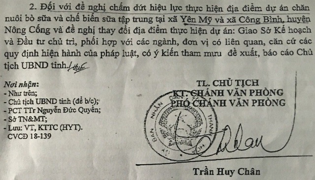 Dân hoang mang khi chủ đầu tư đòi đổi địa điểm dự án gần 4 nghìn tỷ tại Thanh Hóa - 6 Công ty TNHH Hai thành viên ứng dụng công nghệ cao nông nghiệp và thực phẩm sữa Yên Mỹ đề nghị chấm dứt hiệu lực thực hiện địa điểm dự án và thay đổi địa điểm