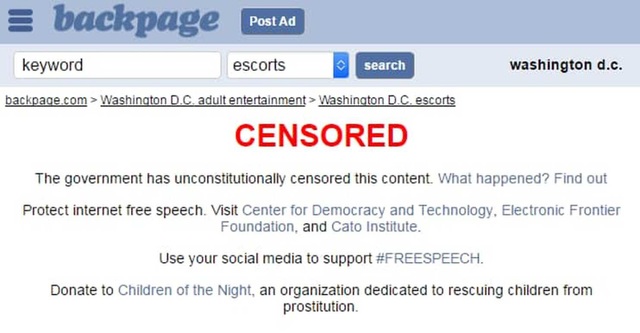 
Trang quảng cáo Backpage.com đã bị cơ quan lập pháp liên bang đóng cửa hôm 6/4. (Ảnh: Washington Post)
