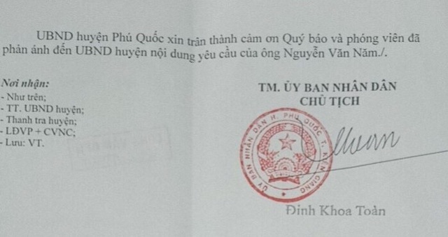 Người dân “phản pháo” công văn trả lời báo chí của lãnh đạo huyện Phú Quốc - 2
Công văn trả lời báo chí của Chủ tịch UBND huyện Phú Quốc.