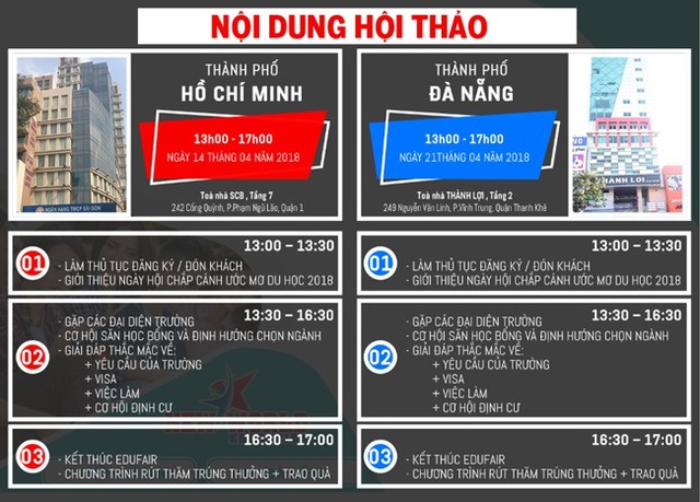 Triển lãm du học Canada, Úc, Mỹ, New Zealand, Singapore, Philippines 4/2018 - 1 Xem thông tin học bổng, ưu đãi từng trường tham dự tại TPHCM và Đà Nẵng: http://edufair.newworldedu.vn/