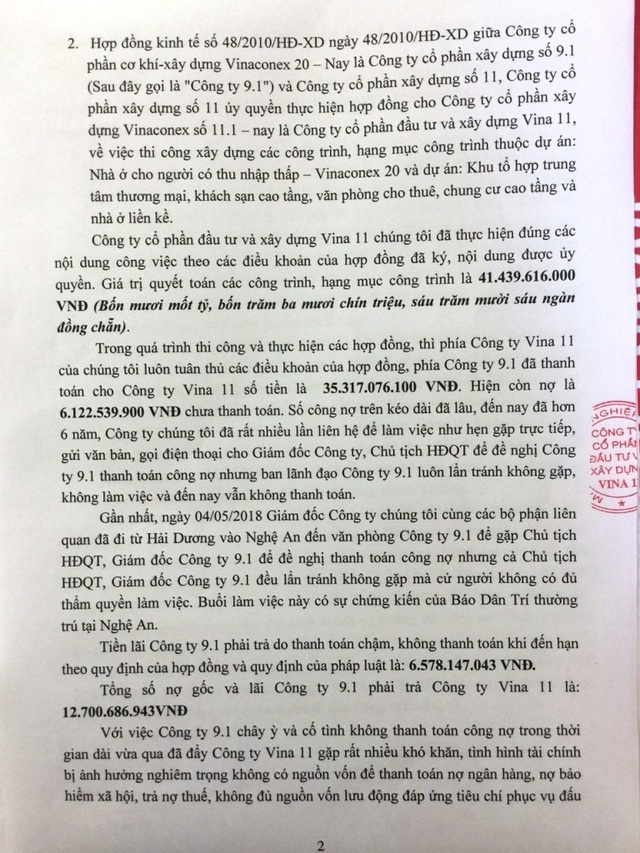 Công ty xây dựng bị tố chiếm dụng tài sản, cố ý làm trái quy định của pháp luật! - 6 Như vậy, theo cách tính của công ty Vina11, tổng số nợ gốc và lãi công ty 9.1 phải trả cho công ty Vina 11 là hơn 12 tỷ đồng.