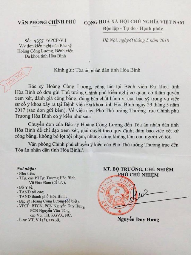 Phó Thủ tướng Trương Hòa Bình đã nhận được tâm thư của bác sĩ Hoàng Công Lương - 1 Phó Thủ tướng Trương Hòa Bình đã nhận được tâm thư của bác sĩ Hoàng Công Lương - 1