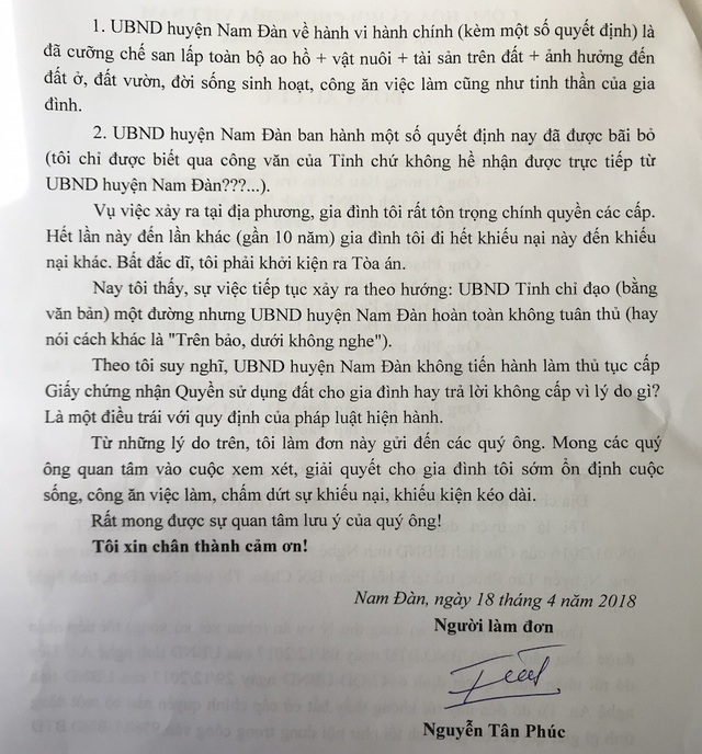 Nghệ An: Đất đang sử dụng ổn định, bỗng bị thu hồi vô lý! - 2 Đơn thư gia đình ông Nguyễn Tân Phúc gửi cơ quan chức năng và báo chí.