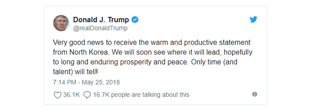 Ông Trump bất ngờ tuyên bố hội nghị Mỹ-Triều có thể vẫn diễn ra vào 12/6 - 2
(Ảnh: Twitter)