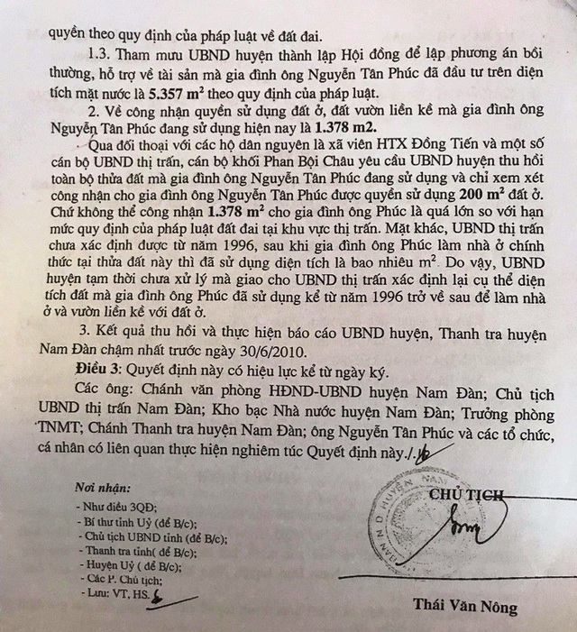 Quyết định về việc xử lý báo cáo kết quả đất đai của ông Phúc do ông Thái Văn Nông - nguyên Chủ tịch UBND huyện Nam Đàn ký.