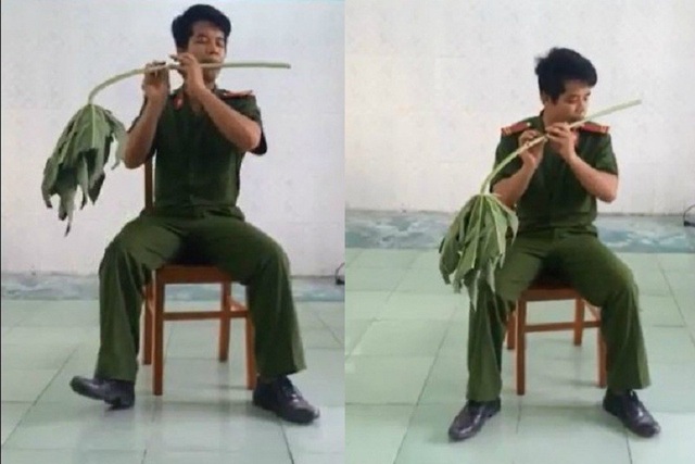 Biệt tài thổi sáo bằng cành cây đu đủ của chàng trai 9X - 2 Trần Bá Toàn say sưa ngồi thổi sáo