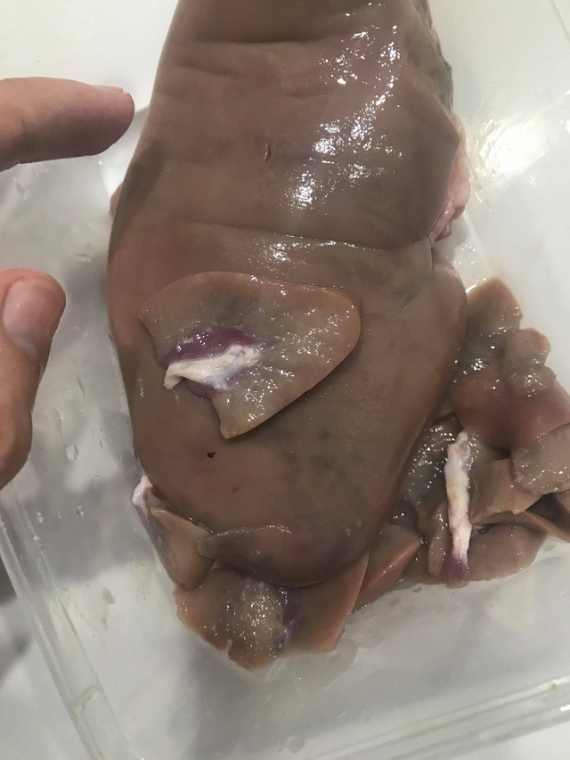 Tranh cãi vụ khách mua phải cật heo chuyển màu, bốc mùi hôi thối ở Big C - 2 Nhìn kỹ có thể thấy, bên ngoài quả cật heo cũng xuất hiện nhiều chấm đen. (Ảnh do nhân vật cung cấp)
