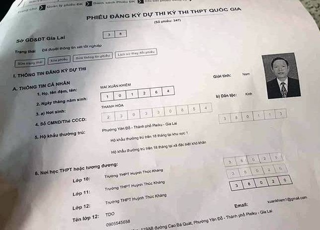 Phó Chánh thanh tra Sở thi tốt nghiệp THPT: Nhận lỗi trước cơ quan và làm giải trình? - 1 Phiếu đăng kí dự thi THPT 2018 của ông Mai Xuân Khiêm-Phó Chánh thanh tra sở LĐ-TB và XH tỉnh Gia Lai