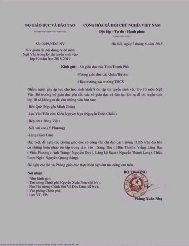 Bộ Giáo dục bị giả mạo công văn giảm tải đề thi Ngữ văn vào lớp 10 THPT - 1 Công văn giả mạo Bộ GD&ĐT về đề thi môn Ngữ Văn vào lớp 10 THPT