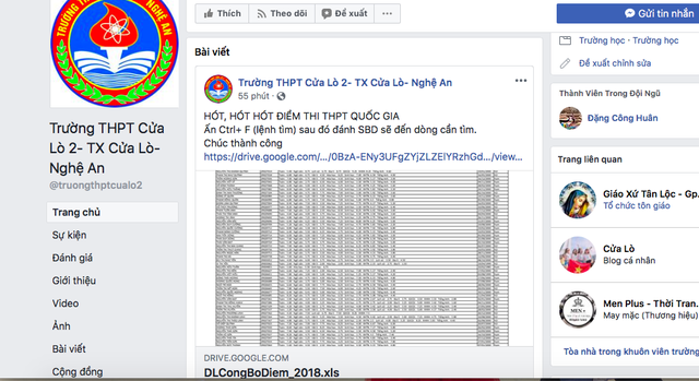 Lộ kết quả thi THPT quốc gia năm 2018 ở Nghệ An: Do sơ suất kỹ thuật - 1 Dữ liệu về công bố điểm thi THPT quốc gia năm 2018 của học sinh Nghệ An đang được chia sẻ trên mạng xã hội.