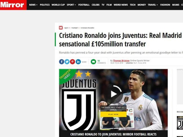Báo chí thế giới nói gì về việc Real Madrid bán C.Ronaldo? - 11
Tờ Mirror (Anh) viết: C.Ronaldo đã kết thúc kỷ nguyên huy hoàng ở Real Madrid nhưng anh ấy không sang Anh mà tới Juventus