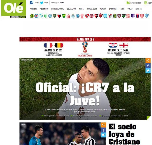 Báo chí thế giới nói gì về việc Real Madrid bán C.Ronaldo? - 6
Tờ Olé (Argentina) đã gọi đây là thương vụ bom tấn. Mọi việc ban đầu chỉ xuất phát từ tin đồn nhưng sau đó nó đã trở thành hiện thực, khi Juventus chốt quá nhanh ở vụ này