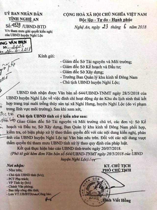 Khu du lịch sinh thái hành dân vì ô nhiễm: UBND tỉnh Nghệ An chỉ đạo xử lý! - 1 UBND tỉnh Nghệ An đã có văn bản số 4728/UBND-TH ngày 2/7 nêu rõ: Giao UBND huyện Nghi Lộc chủ trì phối hợp với các đơn vị liên quan kiểm tra, xác minh sự việc báo nêu và có biện pháp cụ thể, xử lý kịp thời, quyết liệt đảm bảo cuộc sống cho người dân.