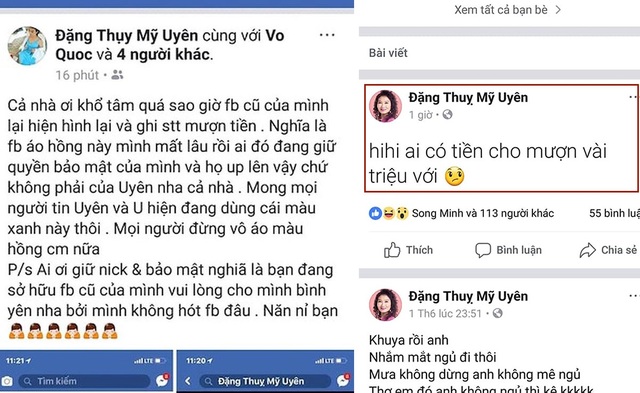 Xuất hiện chiêu lừa đảo trục lợi từ những tài khoản Facebook đánh cắp - 1 Tài khoản Mỹ Uyên thật (bên trái) và tài khoản giả (bên phải)