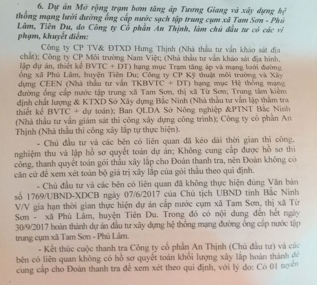 Sai phạm hàng loạt tại các dự án nước sạch tại Bắc Ninh! - 2 Hàng loạt sai phạm tại dự án mở rộng trạm bơm tăng áp Tương Giang và xây dựng hệ thống mạng lưới đường ống cấp nước sạch tập trung cụm xã Tam Sơn - Phú Lâm