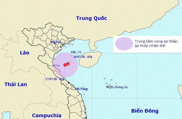Vùng áp thấp trên Biển Đông đang hướng vào Thanh Hóa - Hà Tĩnh - 1 Vị trí và hướng di chuyển của vùng áp thấp. (Ảnh: NCHMF).