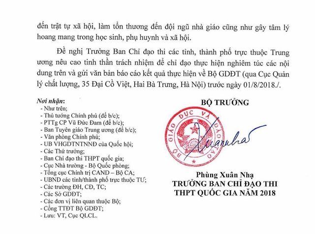 Bộ trưởng Phùng Xuân Nhạ: Rà soát toàn bộ kết quả thi THPT quốc gia 2018 trên cả nước - 2
Công văn của Bộ trưởng Bộ GD&ĐT Phùng Xuân Nhạ