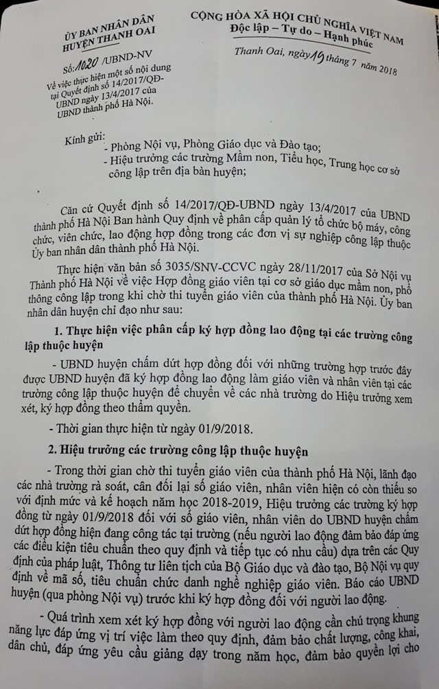 Hà Nội: Gần 300 giáo viên hợp đồng có nguy cơ mất việc - 2 Văn bản số 1020/UBND-NV của UBND huyện Thanh Oai có nhiều nội dung, trong đó có việc chấm dứt kí hợp đồng cho một số giáo viên. (Ảnh: Đ. T).