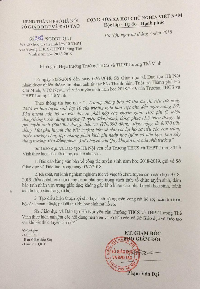 Trường Lương Thế Vinh bị "tuýt còi", yêu cầu trả phí khi học sinh rút hồ sơ - 1 Công văn của Sở GD&ĐT Hà Nội gửi Trường THCS & THPT Lương Thế Vinh ngày 3/7.