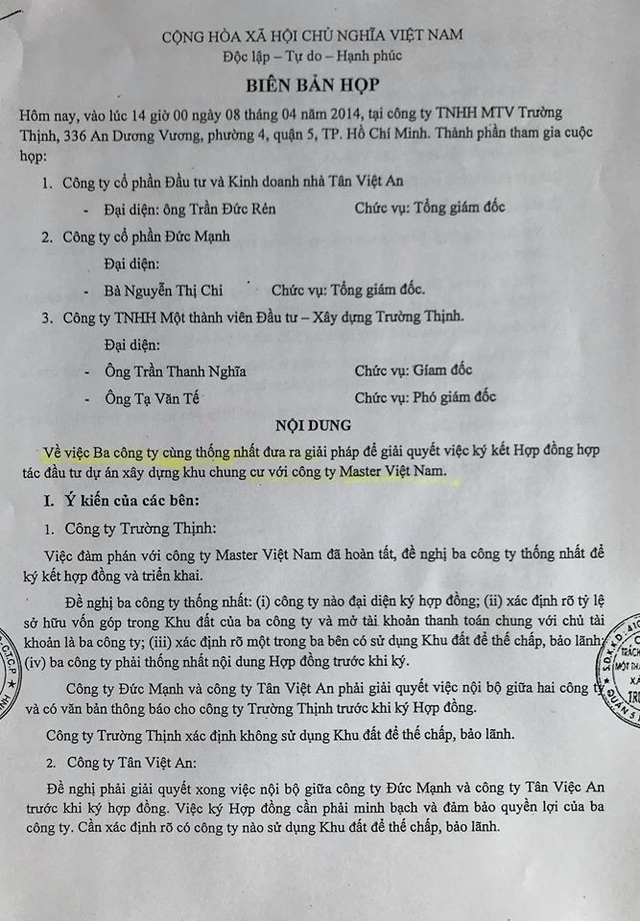 Vụ hủy hợp đồng vẫn kiện đối tác ra toà: Sự thật bị “lãng quên” trong bản án phúc thẩm! - 5 Một trong nhiều biên bản họp thống nhất giữa các bên để bán dự án.