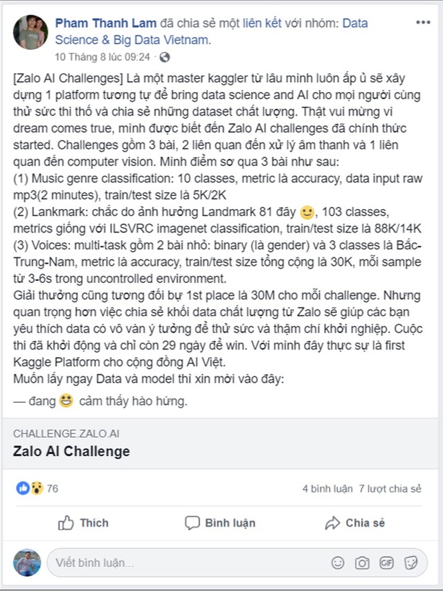 Việt Nam đã có Kaggle đầu tiên trong lĩnh vực trí tuệ nhân tạo - 1 Chia sẻ của bạn Pham Thanh Lam trong nhóm các bạn trẻ có cùng đam mê công nghệ
