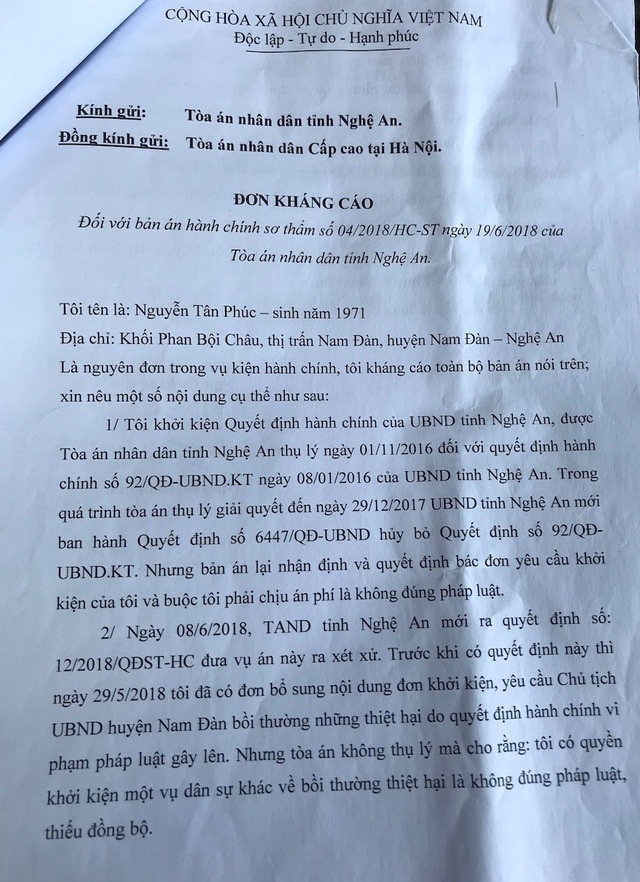 Nghệ An: Hủy các quyết định liên quan nhưng lại “quên” quyền lợi của dân - 1 Ông Phúc quyết định làm đơn kháng cáo lên cấp trên.