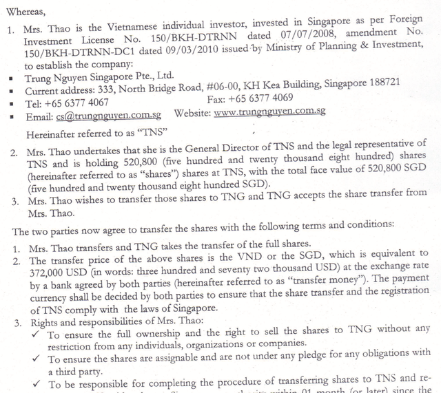Vợ ông Đặng Lê Nguyên Vũ bất ngờ lật lại vụ kiện 3 năm trước ở Singapore - 1 Một phần hợp đồng chuyển nhượng cổ phần TNS của bà Lê Hoàng Diệp Thảo với TNG vào năm 2011