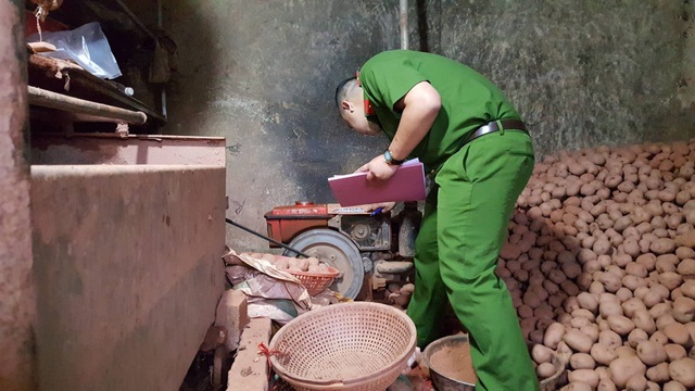 Phát hiện thêm 1 vụ “chế biến” khoai tây Trung Quốc thành hàng Đà Lạt - 3 Lực lượng công an đang kiểm tra số khoai tây đã được nhuộm đất đỏ và lập biên bản thu giữ tang vật