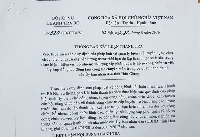 Hậu Giang bổ nhiệm hàng loạt cán bộ thiếu chuẩn - 1
Thông báo kết luận của Thanh tra Bộ Nội vụ về việc tuyển dụng công chức, viên chức... ở Hậu Giang