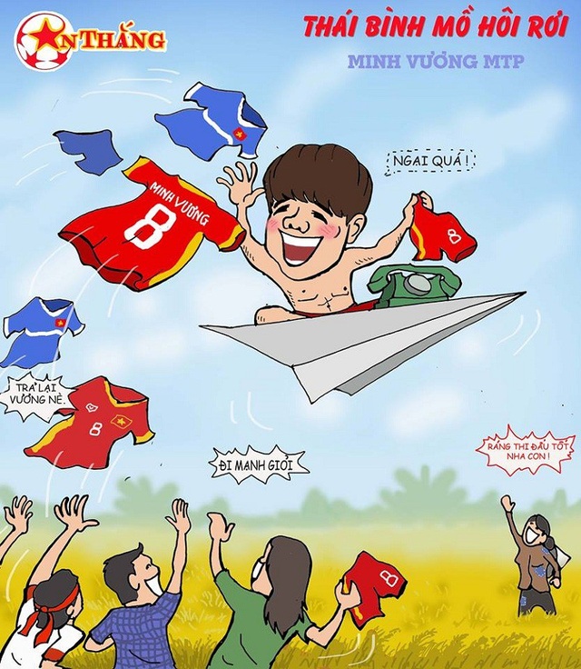Ngộ nghĩnh bộ tranh cổ vũ Olympic Việt Nam thi đấu Asiad 2018 - 12 Màn “đòi áo” của Tiền vệ Trần Minh Vương sau khi bất ngờ được gọi triệu tập trở lại cũng được khắc họa đầy ngộ nghĩnh