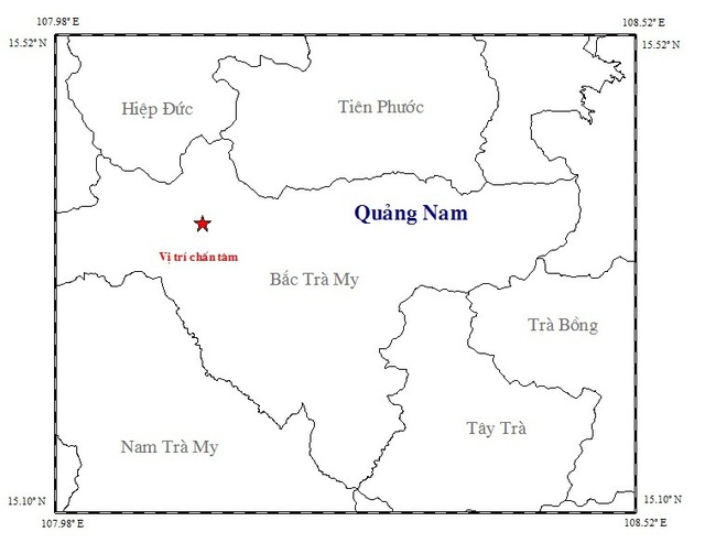 3 trận động đất trong vòng 1 tuần ở Sông Tranh 2 - 1 Tâm chấn trận động đất xảy ra chiều 28/8 ở huyện Bắc Trà My. (Ảnh: Viện vật lý địa cầu)
