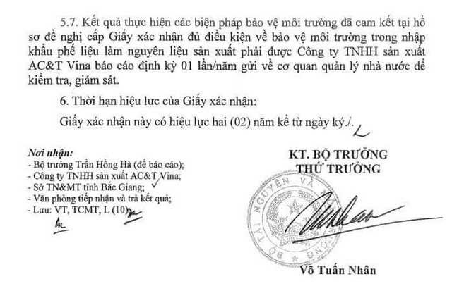 Chưa đủ điều kiện, doanh nghiệp đã được Bộ TN&MT cho phép nhập khẩu phế liệu? - 2
Ngày 1/6/2018, Công ty TNHH sản xuất AC&T Vina mới hình thành nhưng ngày 9/7/2018, Bộ TN&MT đã cấp giấy chứng nhận đủ điều kiện nhập khẩu phế liệu làm nguyên liệu sản xuất cho công ty này trong khi công ty chưa lập hồ sơ đề nghị xác nhận hoàn thành các công trình bảo vệ môi trường theo quy định.