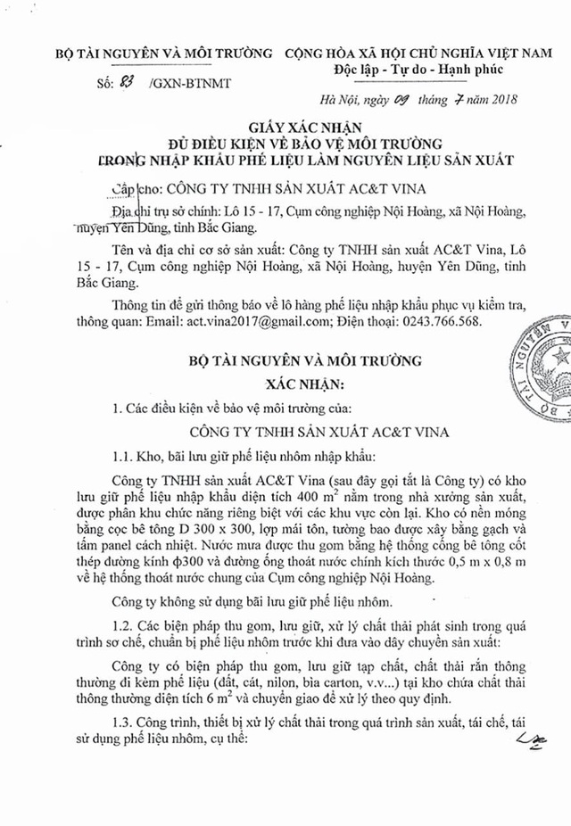Chưa đủ điều kiện, doanh nghiệp đã được Bộ TN&MT cho phép nhập khẩu phế liệu? - 1 Chưa đủ điều kiện, doanh nghiệp đã được Bộ TN&MT cho phép nhập khẩu phế liệu? - 1