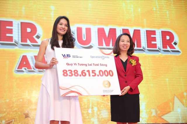 Lễ tổng kết mùa hè ý nghĩa và nhiều xúc cảm - 3
Bà Lê Quang Thục Quỳnh – CEO hệ thống Anh văn Hội Việt Mỹ VUS – đã trao tổng số tiền quyên góp được là 838.615.000 đồng (tương đương 120 ca phẫu thuật môi và hàm ếch) cho bà Trần Thị Hương Giang - Giám đốc Phát triển của tổ chức Operation Smile.
