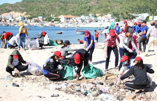 Bình Định: 1.000 Đoàn viên, thanh niên nhặt rác thải tại bãi biển du lịch - 2 Các ĐVTN tham gia dọn rác thải bẩn ở biển du lịch Nhơn Hải (xã Nhơn Hải, TP Quy Nhơn).