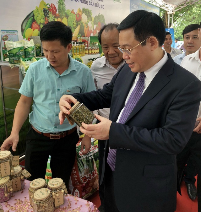 Phó Thủ tướng: Ngồi phòng máy lạnh nghiên cứu nông thôn mới thì khó thành công - 2 Phó Thủ tướng Vương Đình Huệ tham quan gian hàng nông sản sạch trưng bày tại Hội nghị