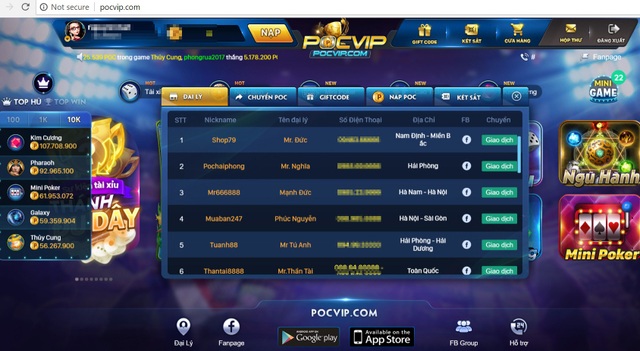 Sau vụ ông Nguyễn Thanh Hóa, “game ảo, tiền thật” vẫn công khai hoạt động - 9 Danh sách Đại lý của Pocvip.com cũng được công khai.