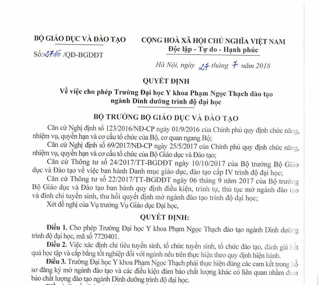 Trường ĐH Y khoa Phạm Ngọc Thạch dự kiến tuyển bổ sung - 1 Quyết định cho Trường ĐH Y khoa Phạm Ngọc Thạch mở ngành cử nhân Dinh dưỡng