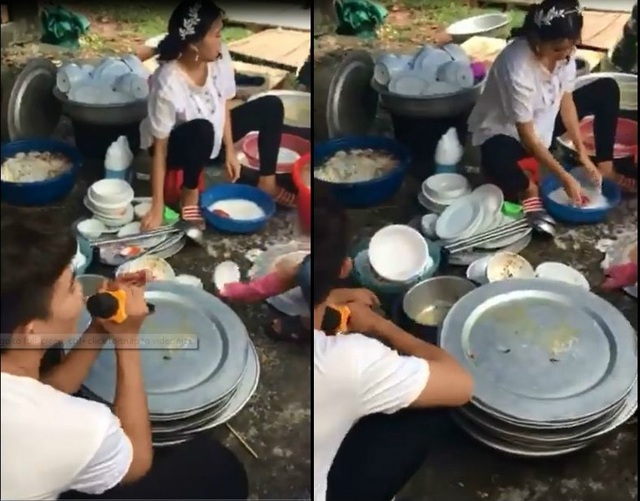 Chồng trẻ gây tranh cãi vì cầm micro ngồi hát "động viên" vợ rửa bát - 1 Chồng trẻ gây tranh cãi vì cầm micro ngồi hát xem vợ rửa bát