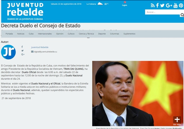 Cuba để quốc tang tưởng niệm Chủ tịch nước Trần Đại Quang - 2
Báo Juventud Rebele của Cuba thông tin về quốc tang. (Ảnh chụp màn hình)