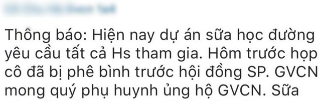 Sữa học đường: Đừng để phụ huynh bị "ép" tự nguyện - 1
Một phần tin nhắn của cô giáo đến phụ huynh học sinh yêu cầu tham gia Chương trình sữa học đường (Ảnh: NVCC).