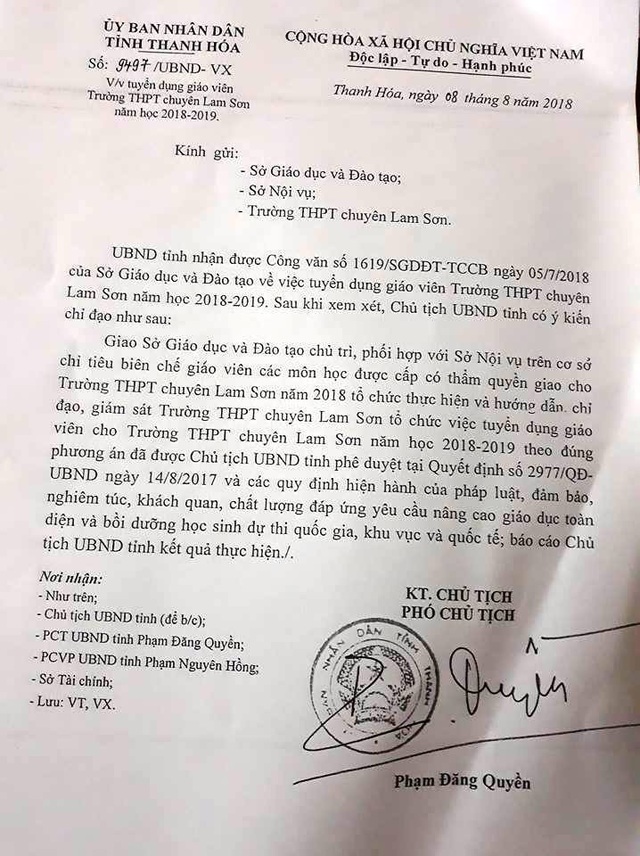 Vì đâu việc tuyển dụng giáo viên trường chuyên Lam Sơn “dậm chân tại chỗ”? - 2 Sau khi xem xét các đề nghị, Phó Chủ tịch UBND tỉnh Thanh Hóa vẫn yêu cầu thực hiện theo Quyết định 2977.