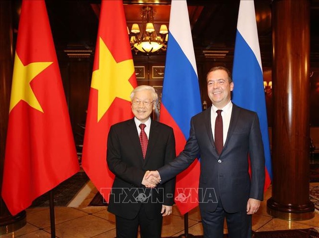 Tổng Bí thư Nguyễn Phú Trọng hội kiến Thủ tướng Nga Dmitry Medvedev - 1 Tổng Bí thư Nguyễn Phú Trọng với Thủ tướng Liên bang Nga D. Medvedev tại Dinh Thủ tướng ở Moskva. Ảnh: Trí Dũng/TTXVN