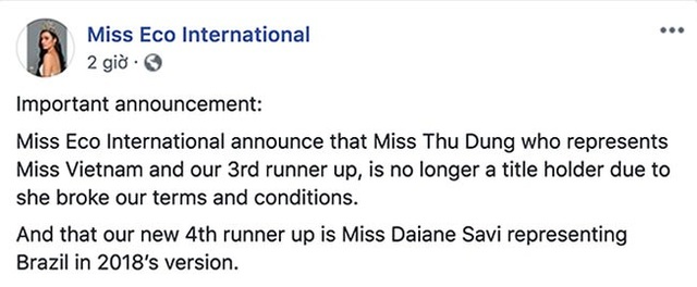 
Thông báo từ fanpage Miss Eco International.
