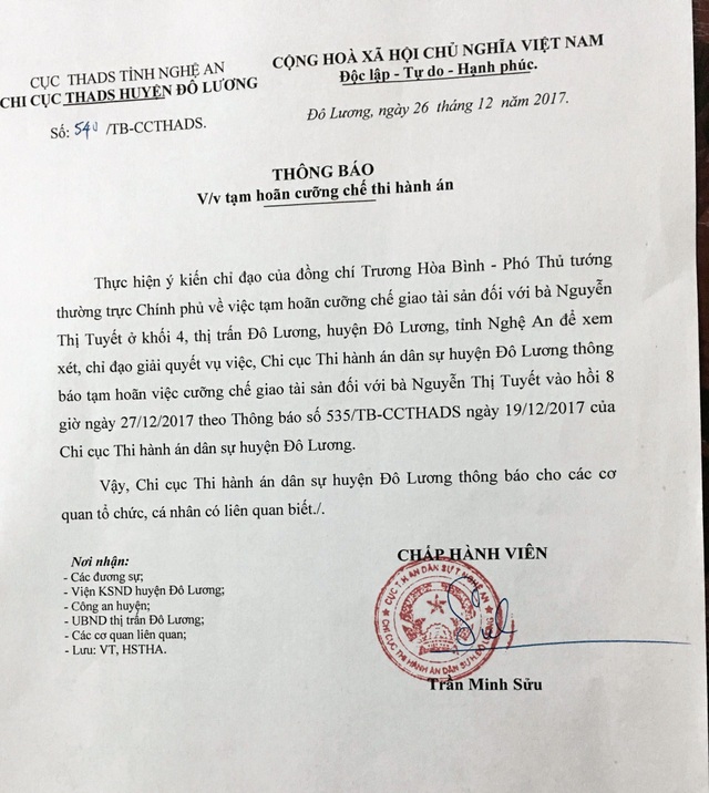 Vụ bán “nhầm” tài sản đấu giá: 16 năm trôi qua, mặc cho dân kêu trời! - 2
Sự việc đã trải qua nhiều lần hoãn cưỡng chế nhưng Chi cục thi hành án huyện Đô Lương vẫn không giải quyết rõ ràng.