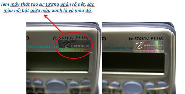 “Khôn lường” nạn máy tính Casio giả thềm năm mới: Cầu người chi bằng cầu mình - 2 Tem giả bên phải hiệu ứng 3D mờ nhạt, không hiện được hai chữ CASIO trên nền xanh lá