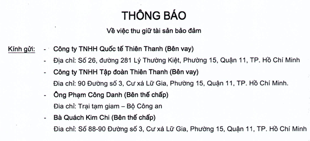 Sacombank thu hồi hàng loạt tài sản của vợ chồng ông Phạm Công Danh - 1 Một thông báo của Sacombank về việc thu hồi tài sản đảm bảo của vợ chồng ông Phạm Công Danh.