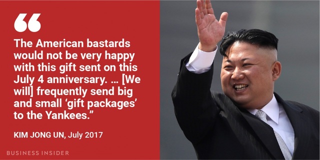 Những tuyên bố “hét ra lửa” của ông Kim Jong-un - 7 Nhân ngày Quốc khánh Mỹ 4/7, ông Kim Jong-un cảnh báo: “Những người Mỹ xấu xa sẽ không vui khi món quà này được gửi vào lễ kỷ niệm 4/7… (Chúng ta) sẽ thường xuyên gửi những gói quà lớn và nhỏ tới người Mỹ”. Trước đó ngày 3/7, Triều Tiên đã phóng tên lửa đạn đạo liên lục địa Hwasong-14 và tuyên bố tên lửa này có thể tấn công bất kỳ mục tiêu nào trên thế giới. “Món quà” mà ông Kim Jong-un nhắc tới là những vụ phóng tên lửa như vậy.
